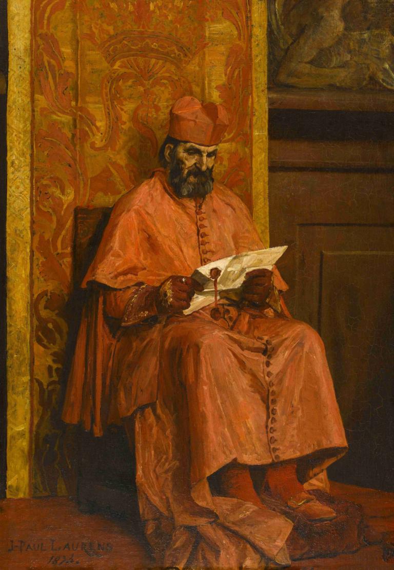 Le Cardinal,Jean-Paul Laurens,Oil Painting,Oil Painting, 1boy, male focus, hat, sitting, solo, gloves