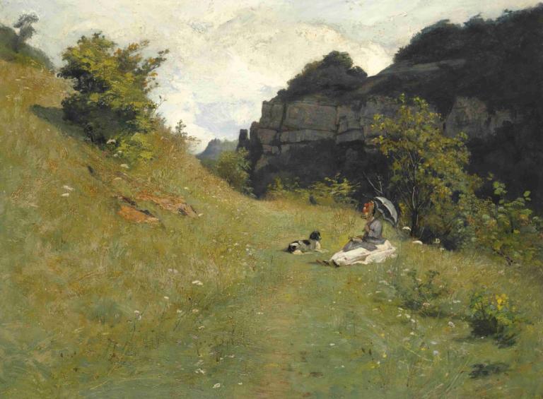 Le Chemin De La Maloche,Jean-Paul Laurens,Oil Painting,Oil Painting, outdoors, 1girl, grass, tree, scenery