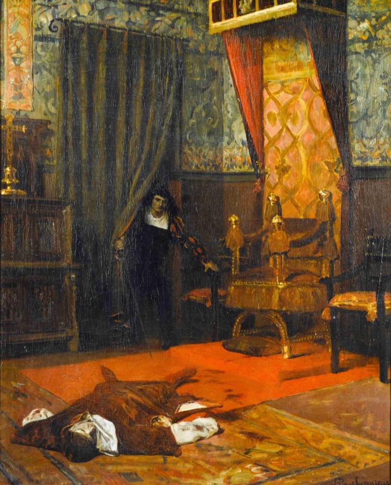 Une victime des Borgia,Jean-Paul Laurens,Oil Painting,Oil Painting, curtains, window, table, black hair