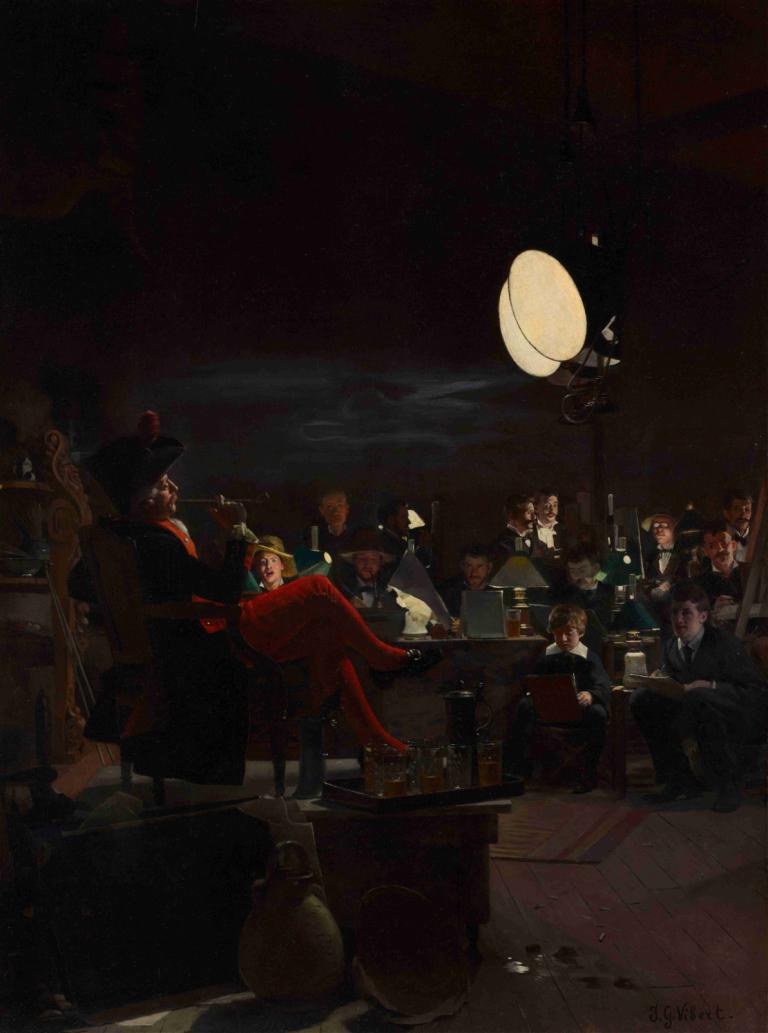 A Night Class,Jehan Georges Vibert,Oil Painting,Oil Painting, multiple boys, sitting, bottle, table, dark