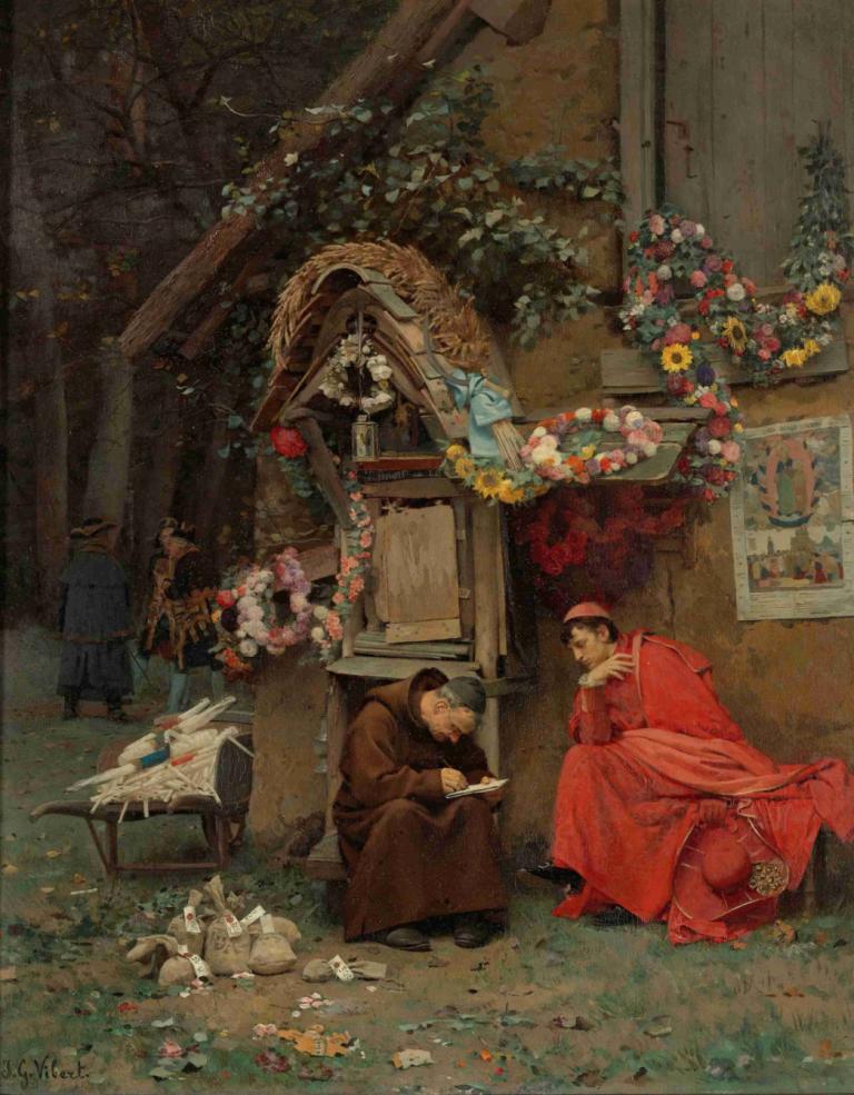 Adding Up The Donations,Jehan Georges Vibert,Oil Painting,Oil Painting, flower, sitting, hat, old