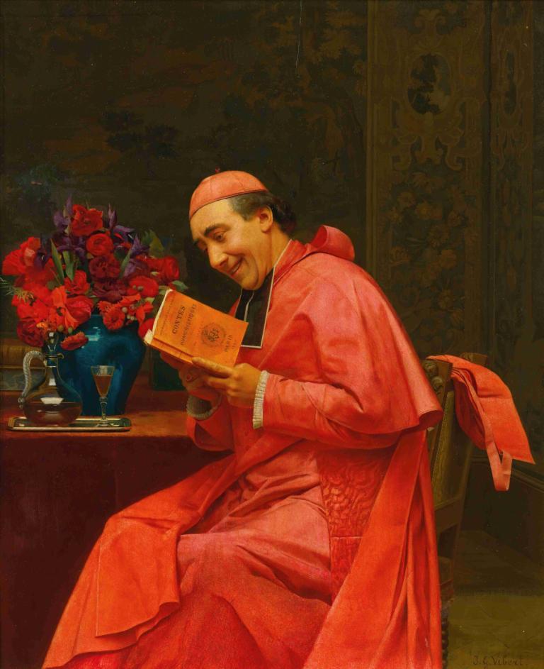 An Amusing Read,Jehan Georges Vibert,Oil Painting,Oil Painting, male focus, 1boy, solo, book, flower, hat