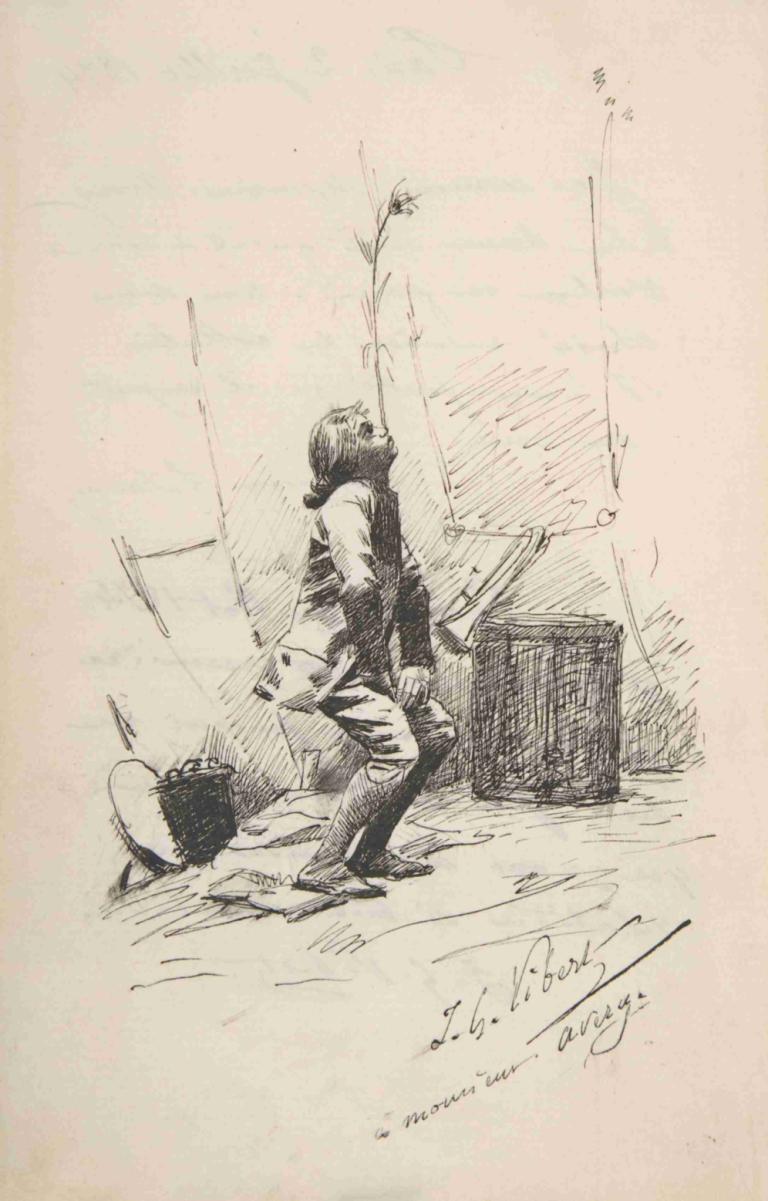 Boy Balancing a Tall Weed on His Nose,Jehan Georges Vibert,Sketch,Sketch, monochrome, 1girl, dated