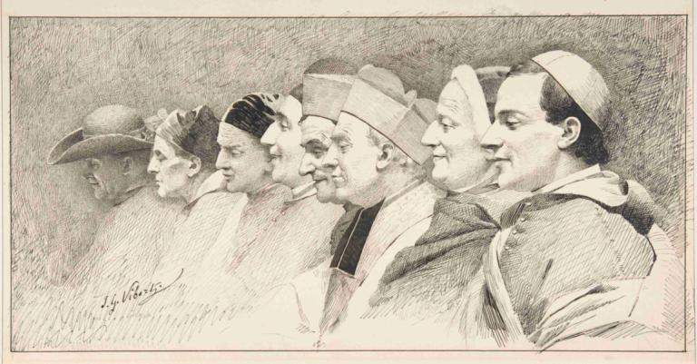 Eight Heads of Ecclesiastics,Jehan Georges Vibert,Copperplate Etching,Copperplate Etching, hat, monochrome