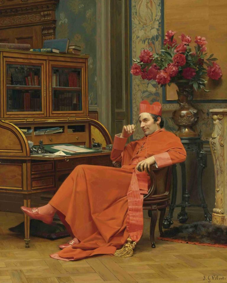 Eureka,尤里卡,Jehan Georges Vibert,让-乔治-维贝尔,油画,油画, 1男孩, 男性焦点, 花瓶, 独奏, 花, 帽子, 坐着, 在室内, 椅子, 书, 黑发, 木地板, 绘画（物体）, 长袖