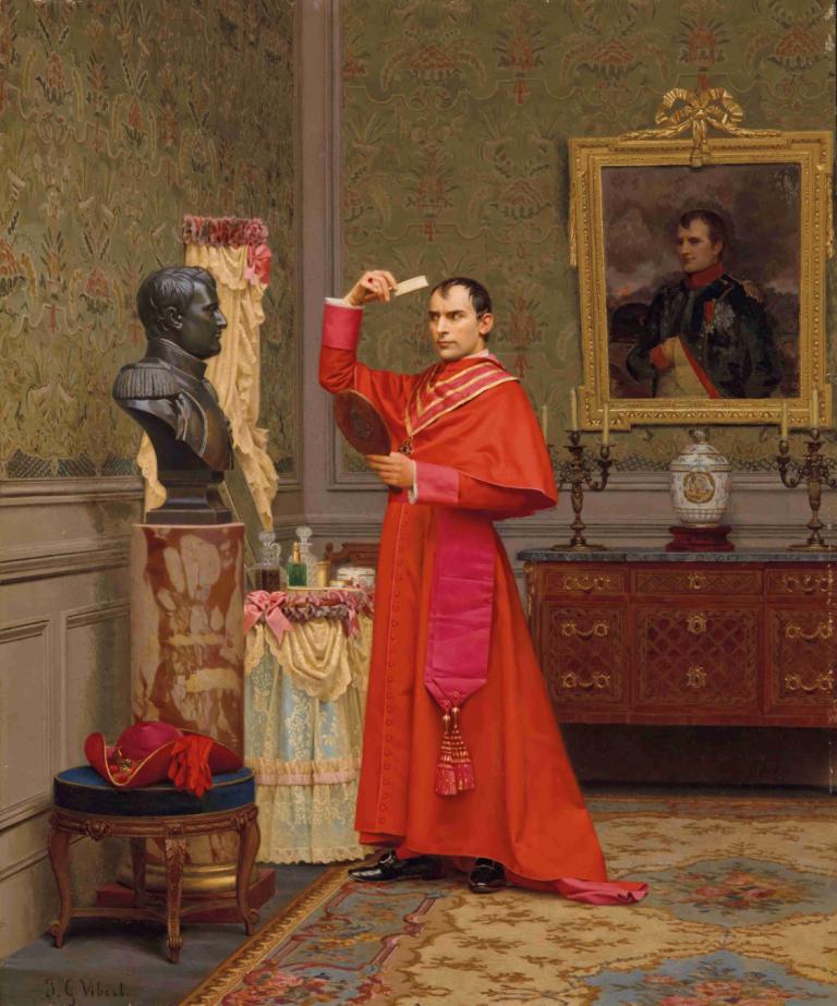 La Comparaison,比较,Jehan Georges Vibert,让-乔治-维贝尔,油画,油画, 美术模仿, 绘画（物体）, 镜子, 在室内, 男性焦点, 常设, 保持, 花, 裙子, 长袖, 黑发