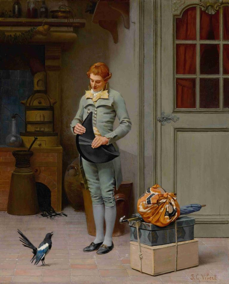 Le Nouveau Commis,Den nye kontorist,Jehan Georges Vibert,Oljemaleri,Oljemaleri, fugl, solo, holder, 1 gutt