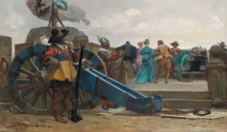 On The Ramparts,壁垒上,Jehan Georges Vibert,让-乔治-维贝尔,油画,油画, 武器, 枪, 帽子, 多个男孩, 盾, 三角角, 古董枪械, 步枪, 剑, 6+男孩, 靴子, 手套