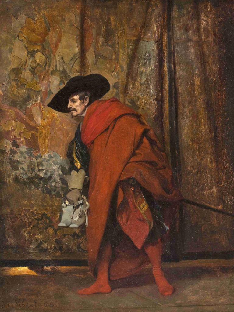 Polonius Behind The Curtain,Jehan Georges Vibert,Oil Painting,Oil Painting, 1boy, hat, male focus, solo