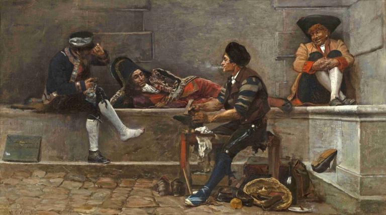 Running Repairs,Reparaties,Jehan Georges Vibert,Olieverf,Olieverf, parodie op beeldende kunst