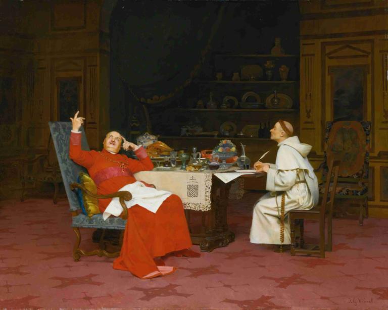 Sermon Sur L'abstinence,Preek over onthouding,Jehan Georges Vibert,Olieverf,Olieverf, gewaad, zitten, stoel