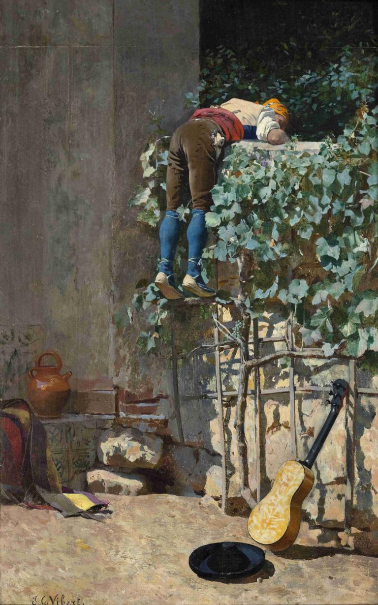 Sneaking A Peek,Smugkig,Jehan Georges Vibert,Oliemaleri,Oliemaleri, mandligt fokus, bukser, udendørs, plante