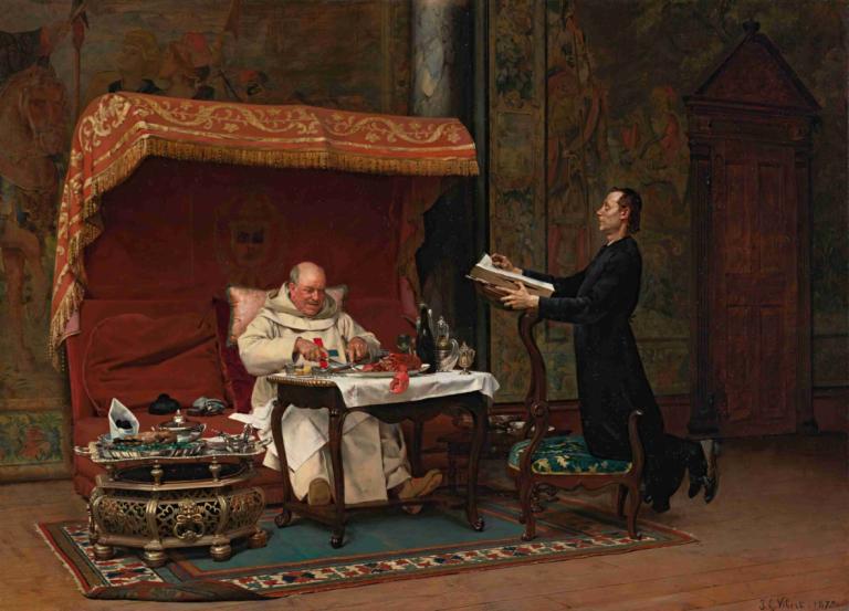 The Canon's Dinner,La cena del canonico,Jehan Georges Vibert,Pittura ad olio,Pittura ad olio, più ragazzi