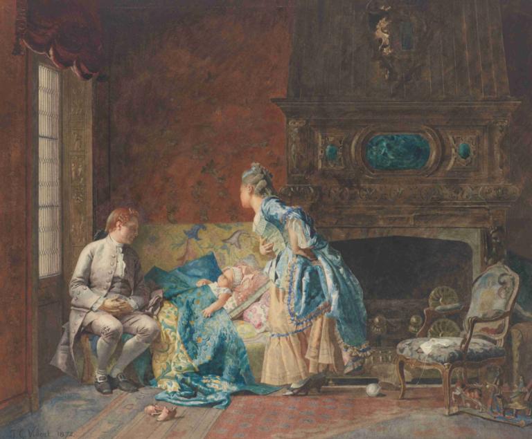 The First Babe,Den första bebisen,Jehan Georges Vibert,Oljemålning,Oljemålning, inomhus, matta, klänning