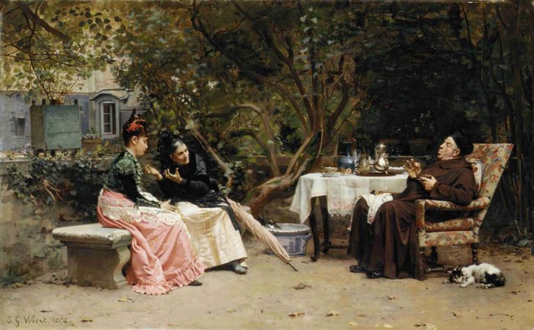 The Reprimand,Očitek,Jehan Georges Vibert,Oljna slika,Oljna slika, likovna parodija, drevo, starka, stol