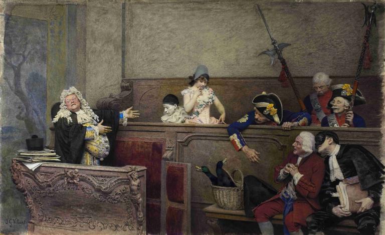 Trial of Pierrot,Pierrotov proces,Jehan Georges Vibert,Oljna slika,Oljna slika, likovna parodija, več fantov