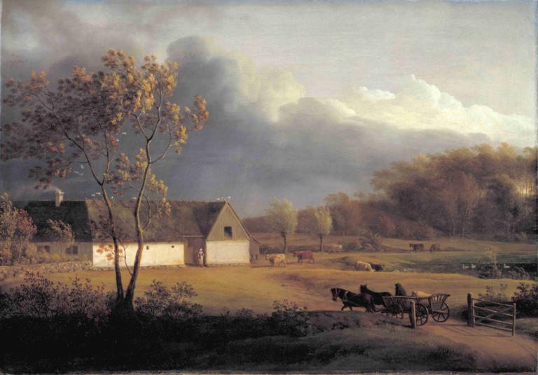 A Storm Brewing behind a Farmhouse in Zealand,Jens Juel,Oil Painting,Oil Painting, scenery, outdoors