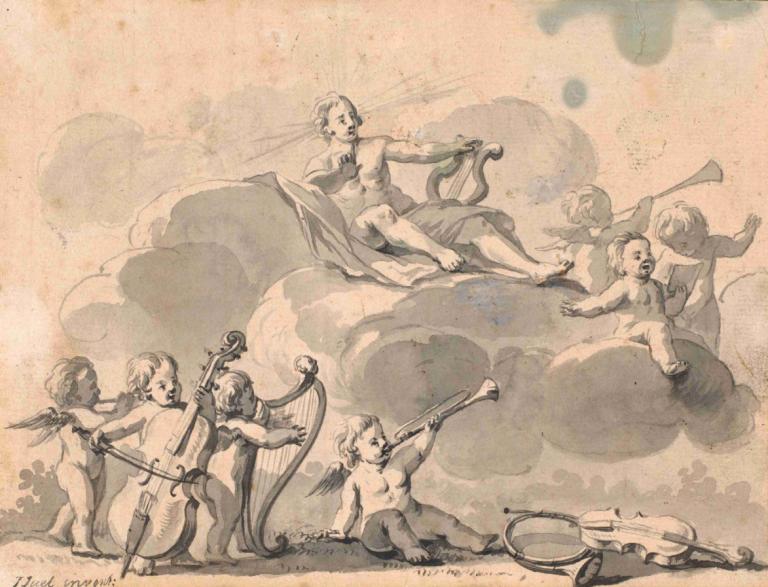 Apollon og musicerende genier,Jens Juel,Sketch,Sketch, fine art parody, multiple girls, instrument, wings