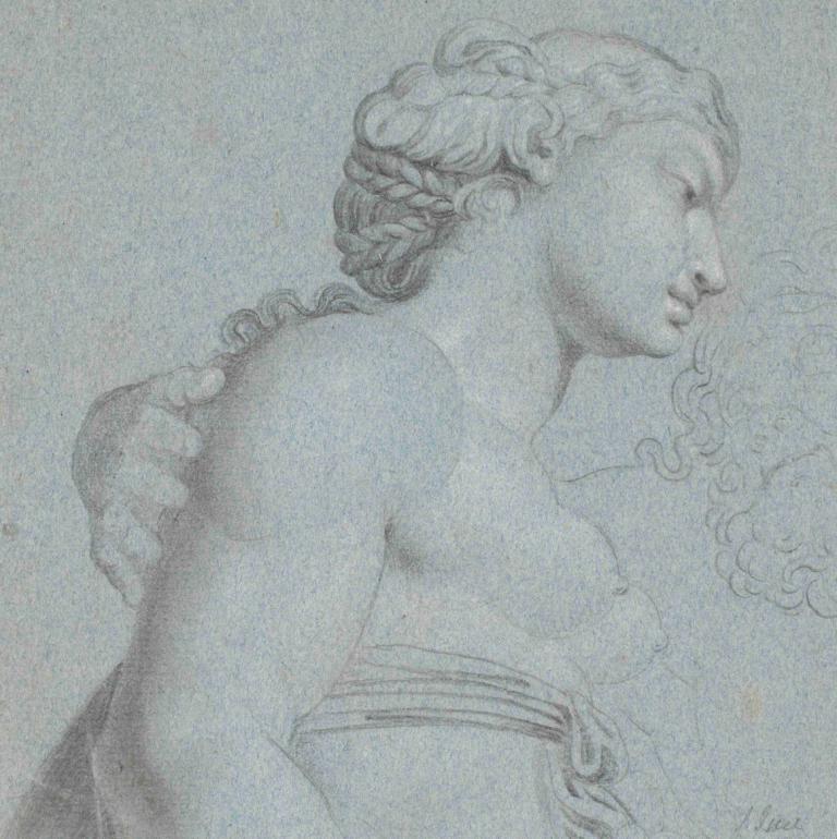 Jupiter and Juno,Jens Juel,Sketch,Sketch, monochrome, 1girl, breasts, solo, curly hair, nipples, closed eyes