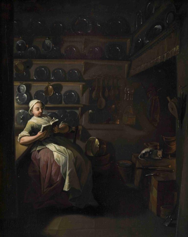 Kitchen Interior with a Girl Reading,Keukeninterieur met lezend meisje,Jens Juel,Olieverf,Olieverf, 1meisje