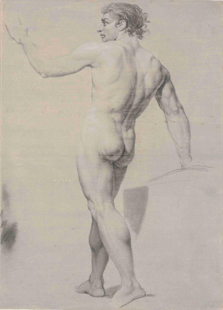 Model stående, set fra ryggen, venstre arm løftet,Jens Juel,Sketch,Sketch, male focus, 1boy, solo, ass, nude