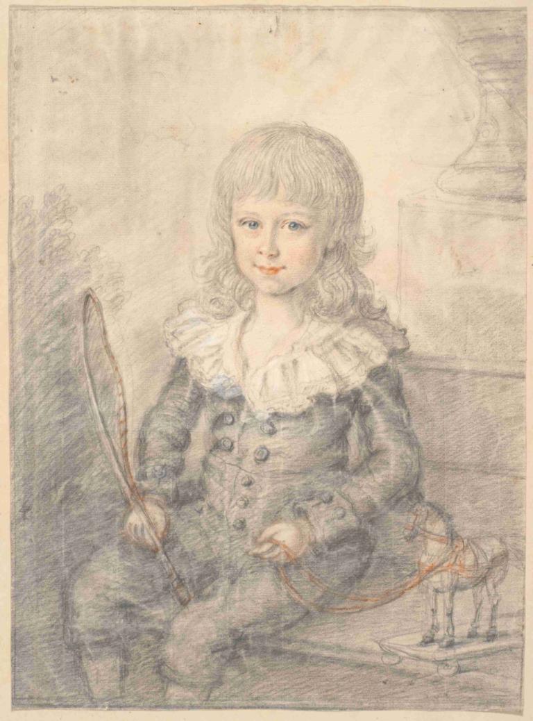 Portræt af dreng med en legetøjshest,Jens Juel,Color Sketch,Color Sketch, 1girl, solo, sitting, blue eyes