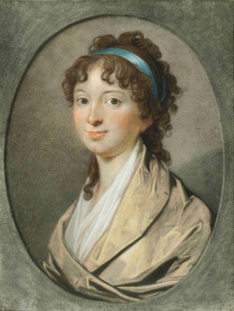 Portræt af en ung Dame med blaat Haarbaand,Retrato de una joven con el pelo azul,Jens Juel,Pintura al óleo