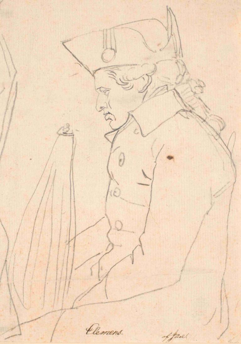 Portræt af kobberstikkeren J.F.Clemens. Trekvartfigur siddende i profil mog venstre,Jens Juel,Sketch,Sketch