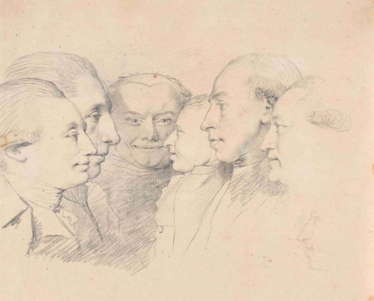 Seks portræthoveder,Jens Juel,Sketch,Sketch, multiple boys, traditional media, sketch, monochrome, male focus