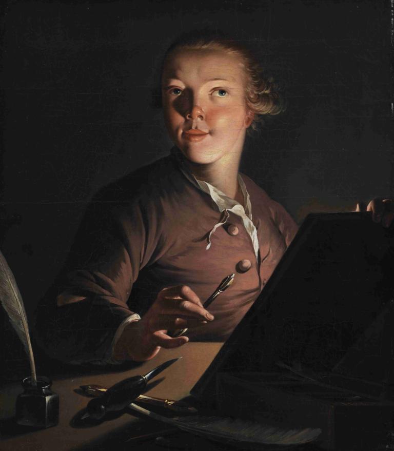 Self-portrait by Candlelight,Jens Juel,Oil Painting,Oil Painting, solo, realistic, blonde hair, 1girl, dark