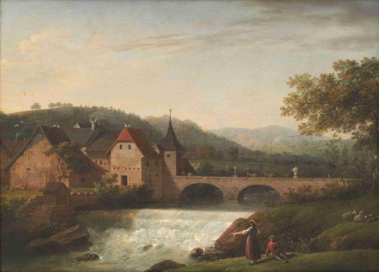 The Bridge and the Waterfall at Dornach, Switzerland,瑞士多納赫的橋和瀑布,Jens Juel,延斯·朱爾,油畫,油畫, 風景, 戶外, 樹, 河, 房子, 水, 草