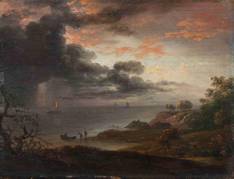 Tordenregn nedstyrtende i havet,Jens Juel,Oil Painting,Oil Painting, scenery, cloud, sky, tree, outdoors