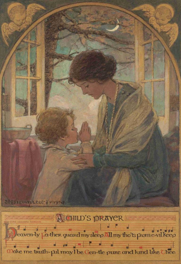 A Child's Prayer,Jessie Willcox Smith,Illustration,Illustration, window, moon, tree, sitting, brown hair