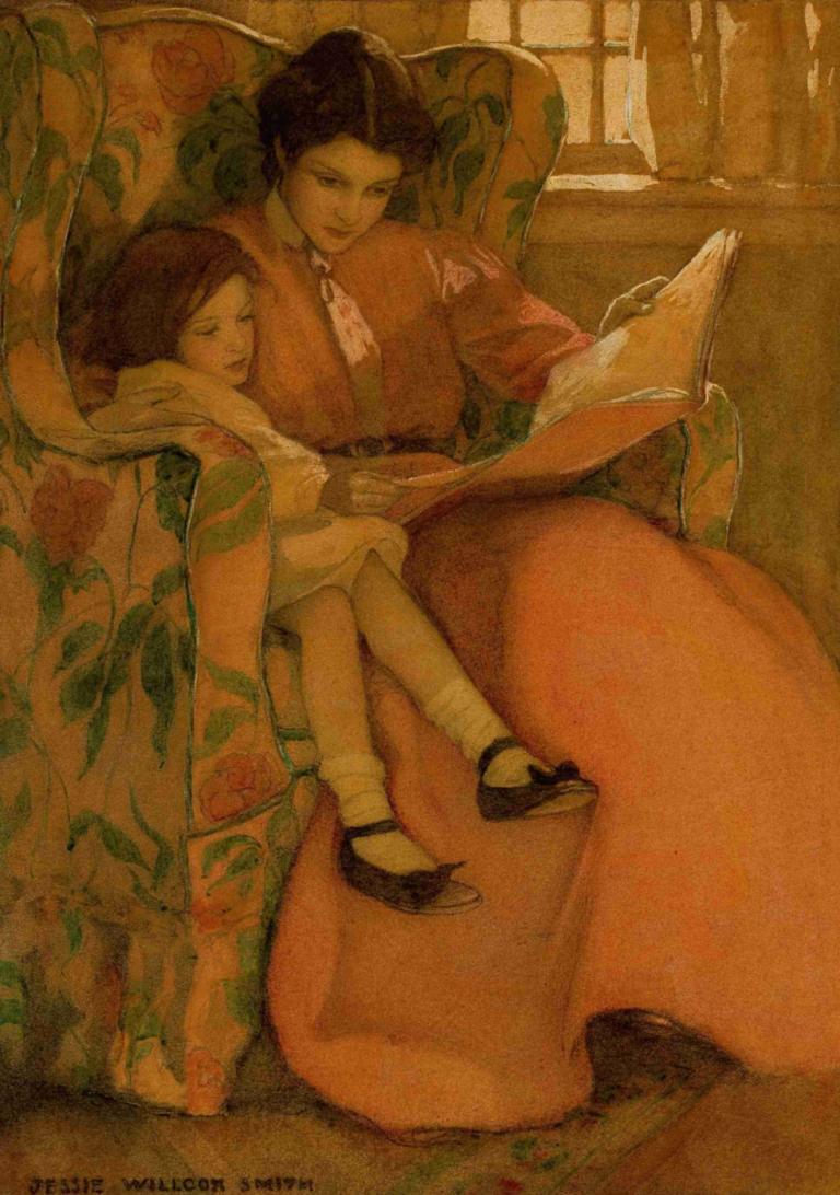 A Rainy Day,Jessie Willcox Smith,Illustration,Illustration, book, 2girls, multiple girls, window, reading