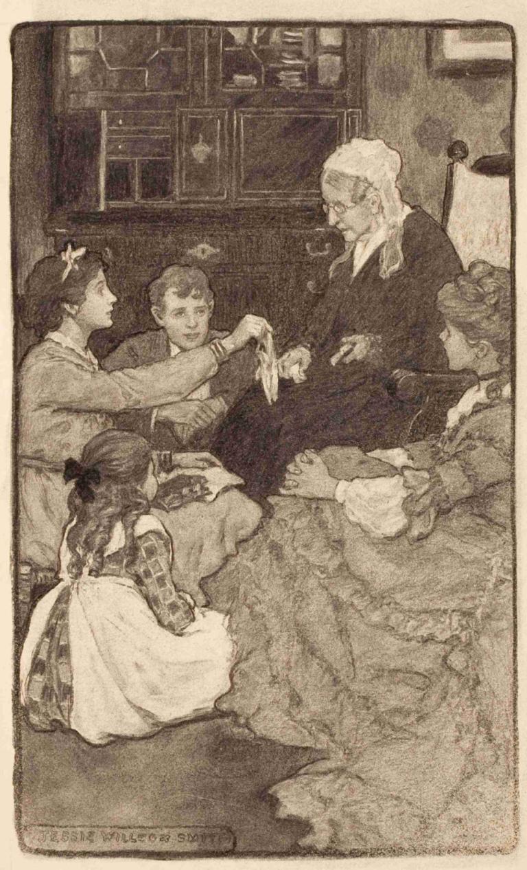 Alcott's Old Fashioned Girl,Jessie Willcox Smith,Ilustración,Ilustración, monocromo, varios chicos, viejo