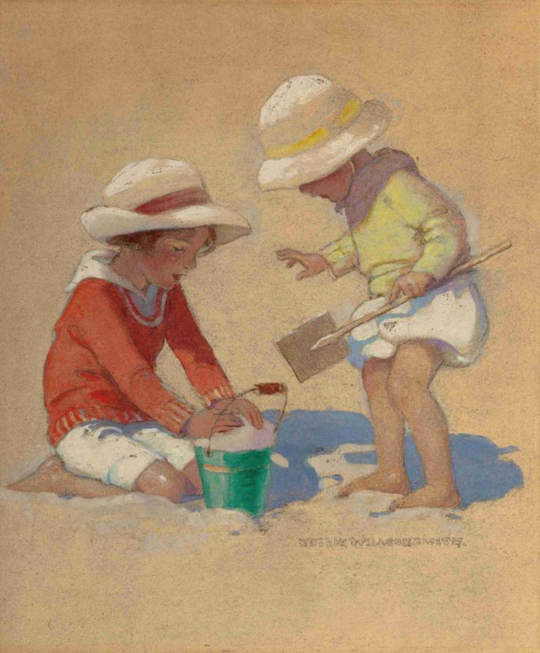 Building a Sand Castle,Budowanie zamku z piasku,Jessie Willcox Smith,Ilustracja,Ilustracja, kapelusz