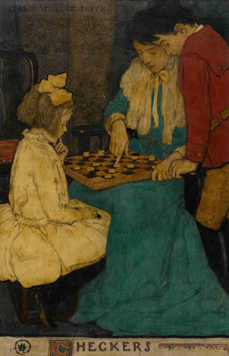 Checkers,Warcaby,Jessie Willcox Smith,Ilustracja,Ilustracja, 1 dziewczyna, 1chłopiec, posiedzenie, sukienka