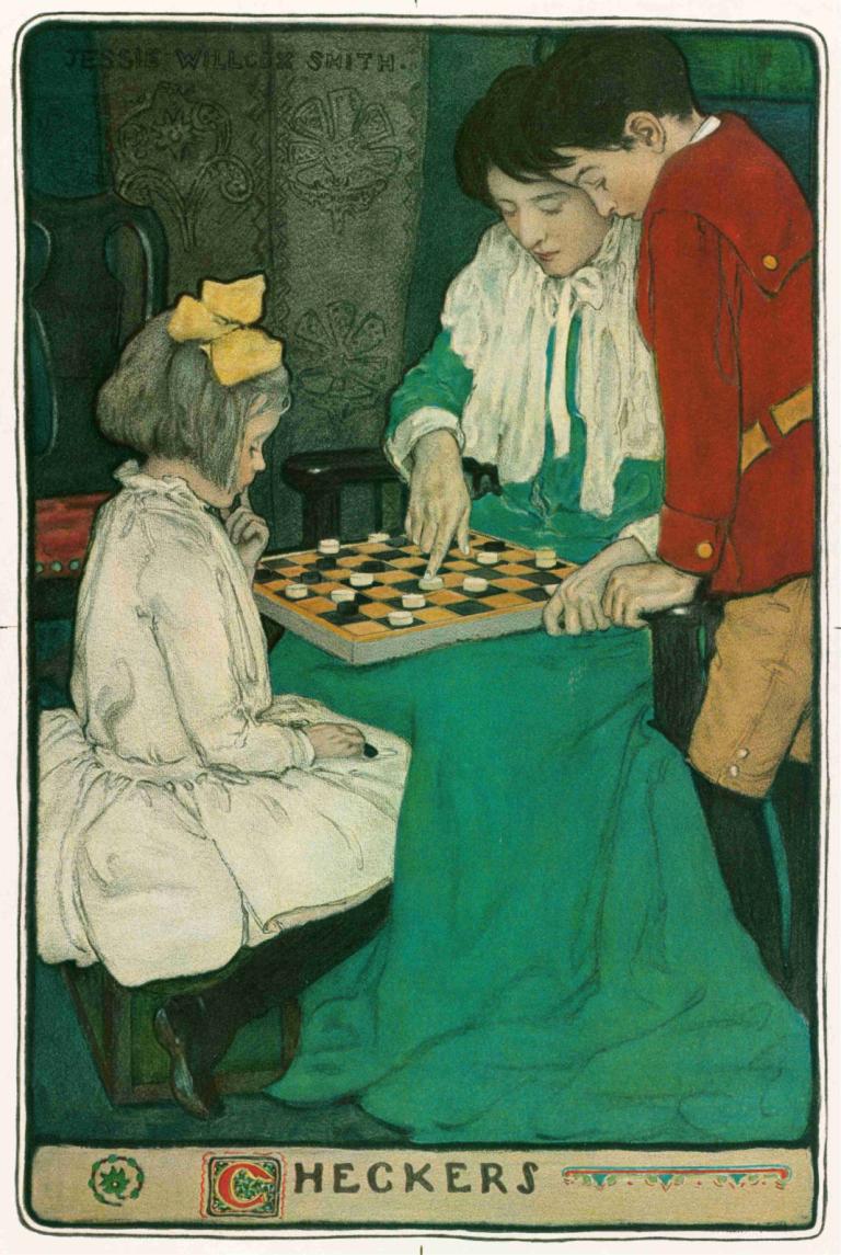 Checkers,Jessie Willcox Smith,Illustration,Illustration, 1girl, 1boy, board game, dress, short hair, bow