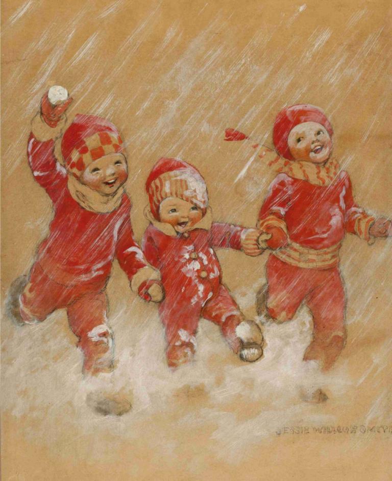 Children Playing in the Snow,孩子们在雪地里玩耍,Jessie Willcox Smith,杰西-威尔考克斯-史密斯,插画,插画, 帽子, 多个男孩, 雪, 滚雪球, 牵手, 3个男孩