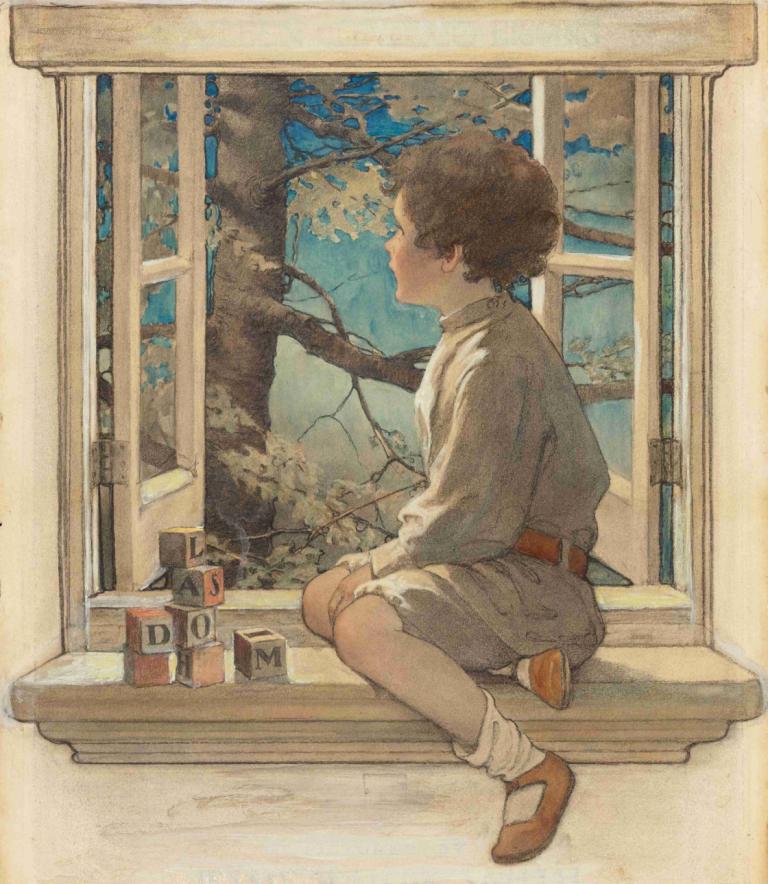 Dream Blocks,Jessie Willcox Smith,Illustration,Illustration, window, solo, 1boy, sitting, tree, male focus