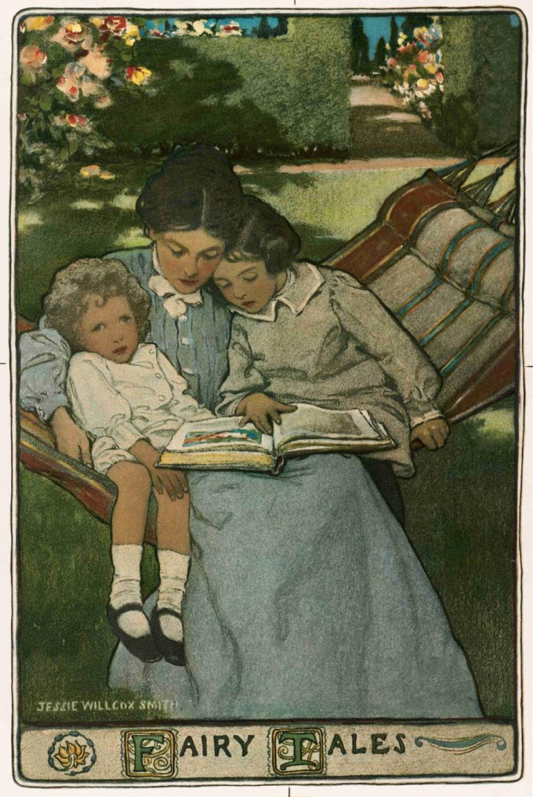 Fairy Tales,Jessie Willcox Smith,Illustration,Illustration, multiple girls, book, sleeping, 3girls, dress