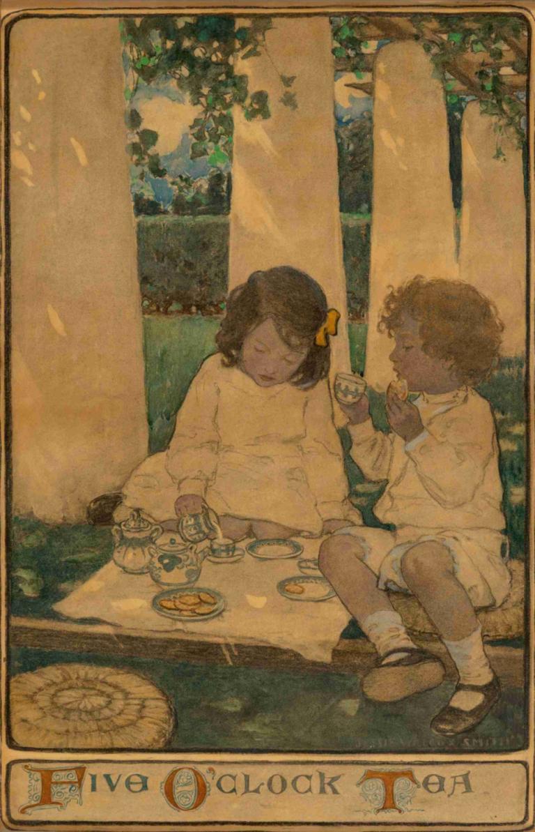 Five O'clock Tea,파이브 클락 티,Jessie Willcox Smith,제시 윌콕스 스미스,일러스트레이션,일러스트레이션, 좌석, 신발, 테이블, 찻주전자, 감긴 눈, 검은 피부, 양말