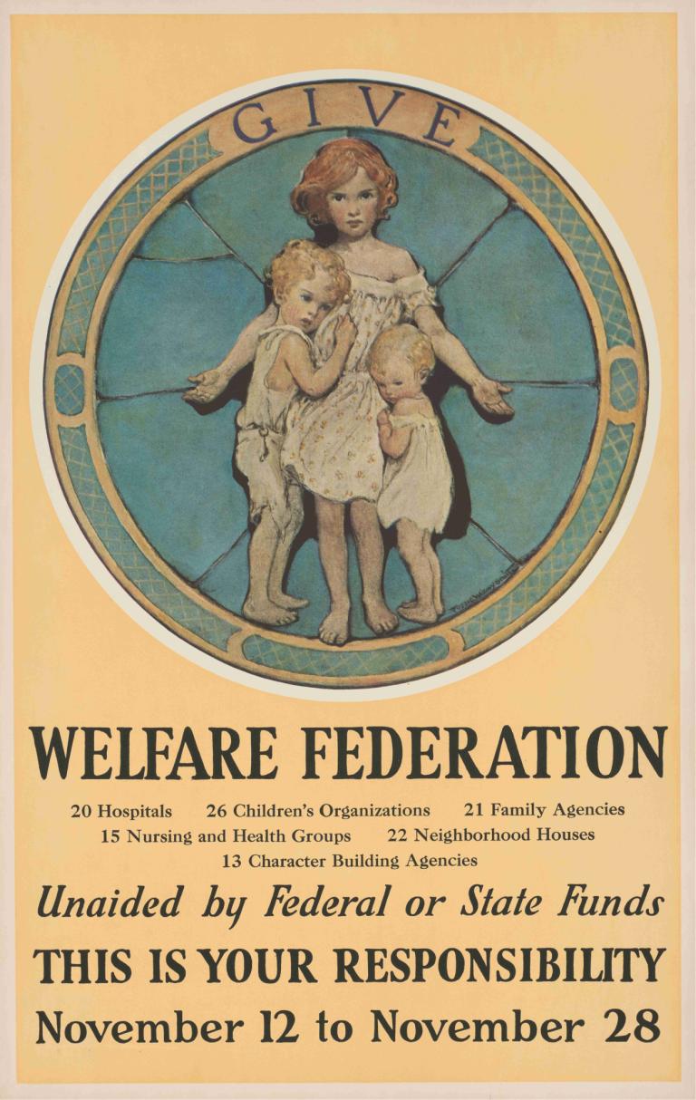 Give - welfare federation,给 - 福利联合会,Jessie Willcox Smith,杰西-威尔考克斯-史密斯,插画,插画, 赤脚, 多个女孩, 金头发, 英文文本, 裙子, 棕色的头发