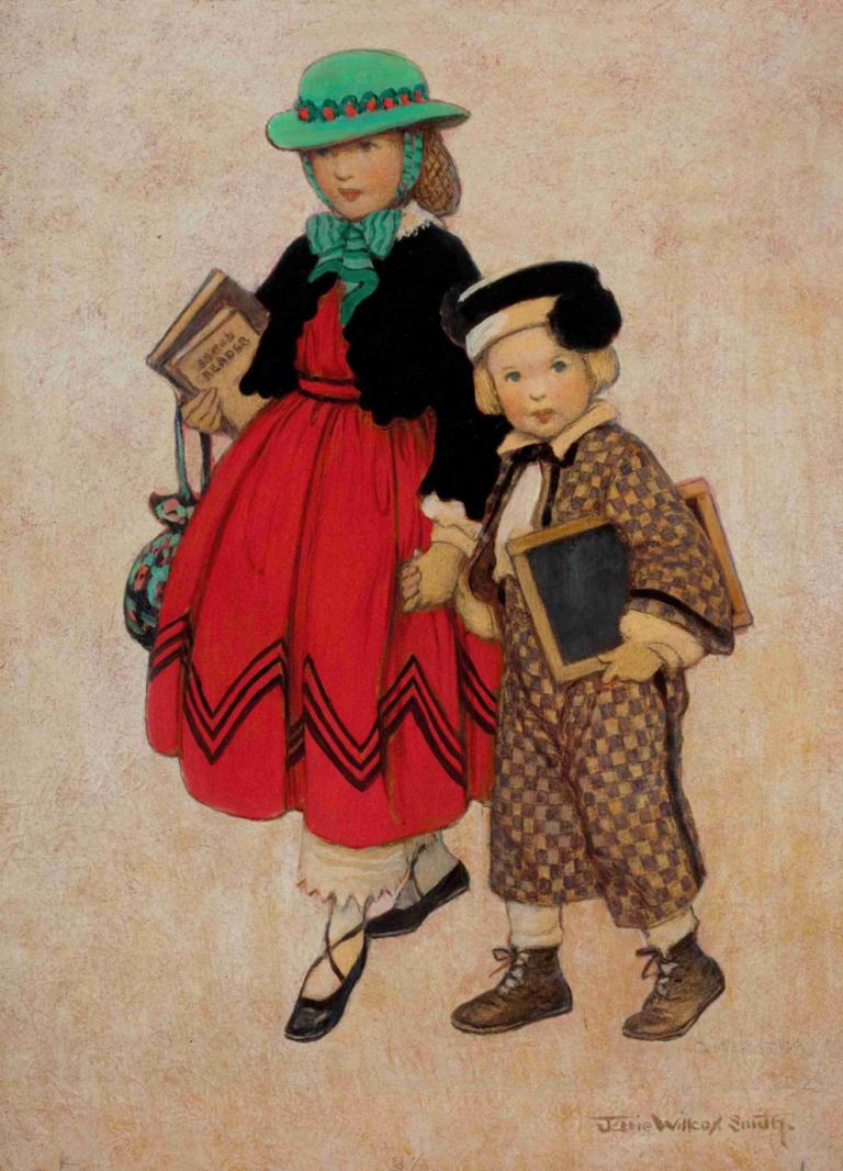 Good Housekeeping Magazine cover,好管家》杂志封面,Jessie Willcox Smith,杰西-威尔考克斯-史密斯,插画,插画, 1个女孩, 1男孩, 帽子, 裙子, 书, 红色礼服