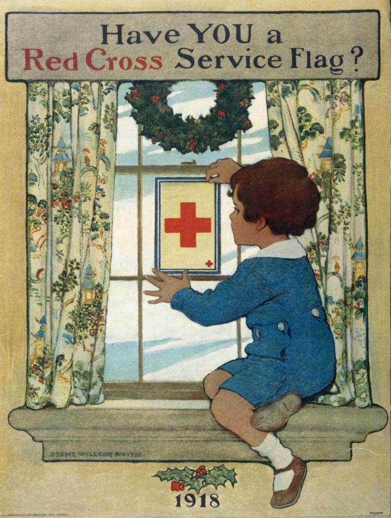 Have you a Red Cross service flag,Har du en Röda Korset-flagga?,Jessie Willcox Smith,Illustration