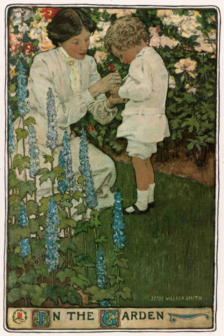 In the Garden,ในสวน,Jessie Willcox Smith,เจสซี่ วิลคอคส์ สมิธ,ภาพประกอบ,ภาพประกอบ, ดอกไม้, 1สาว, ผมสั้น, เด็ก