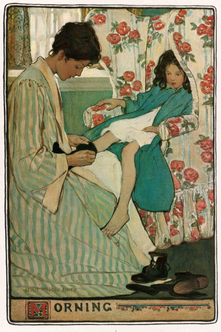 Morning,Morgen,Jessie Willcox Smith,Abbildung,Abbildung, 1Mädchen, 1Junge, barfuß, schwarzes Haar, Blume