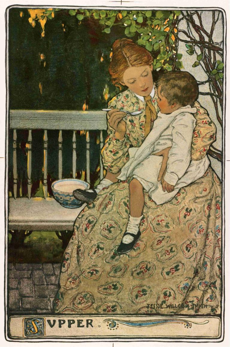 Supper,Abendessen,Jessie Willcox Smith,Abbildung,Abbildung, 1Mädchen, geschlossene Augen, schwarzes Schuhwerk