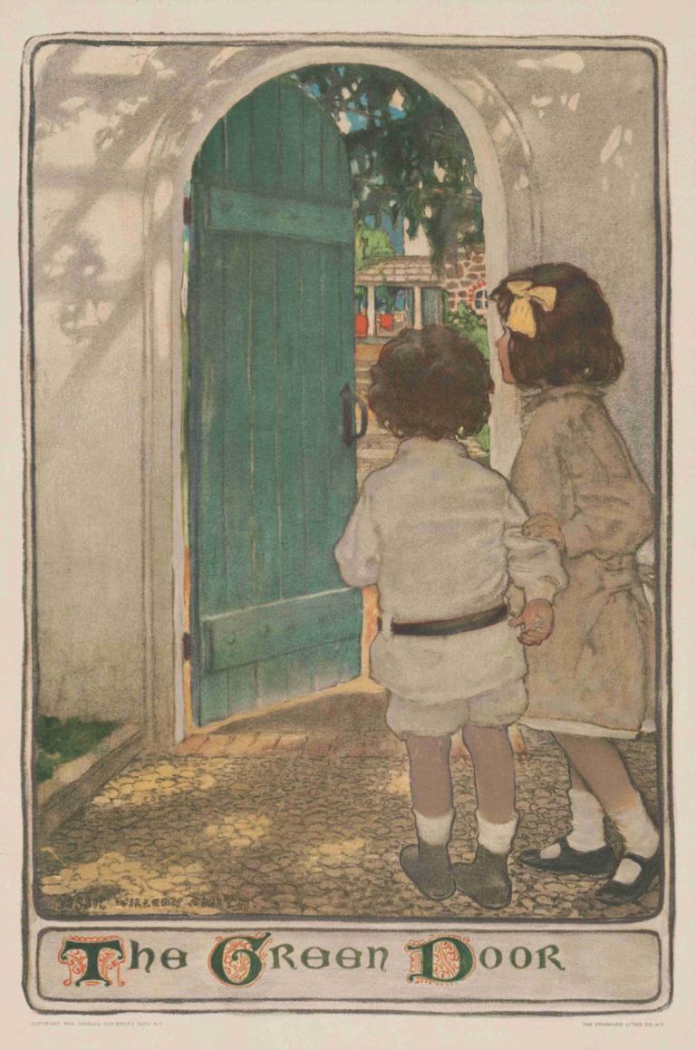 The green door,绿色大门,Jessie Willcox Smith,杰西-威尔考克斯-史密斯,插画,插画, 黑色鞋类, 弓, 1个女孩, 孩子, 发夹, 短发, 袜子, 鞋, 棕色的头发, 裙子, 1男孩