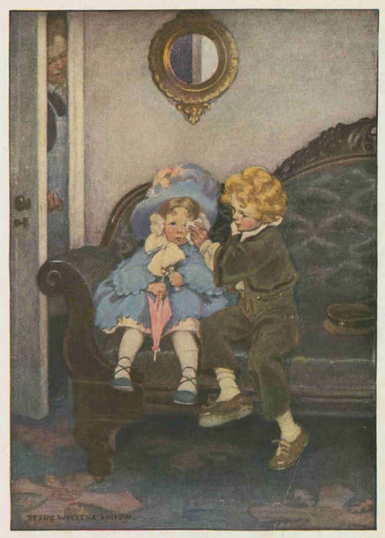 The runaway couple.,离家出走的夫妇,Jessie Willcox Smith,杰西-威尔考克斯-史密斯,插画,插画, 金头发, 裙子, 伞, 坐着, 1个女孩, 闭合的伞, 帽子, 鞋, 孩子